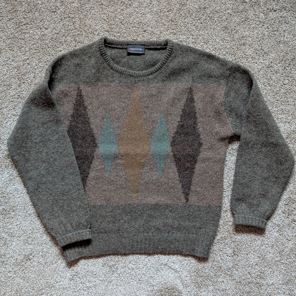 VTG Hepworths Mens Size M 100% Shetland Wool Sweater Olive Brown Natural